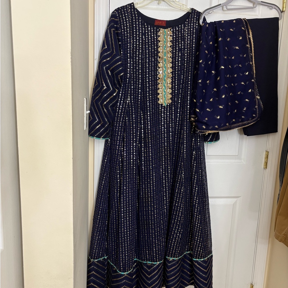 Navy Blue Embroidered maxi Dress with Dupatta and trouser